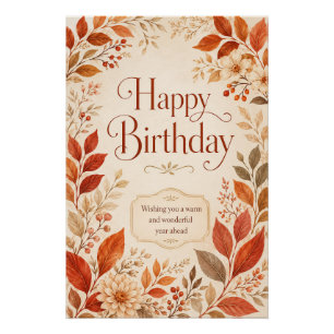 Póster Feliz Cumpleaños Calido Otoño Botánico Acuarela