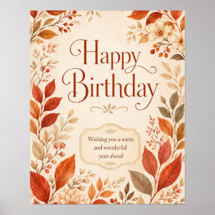 Póster Feliz Cumpleaños Calido Otoño Botánico Acuarela