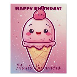 Póster Feliz Cumpleaños Cherry Helado Kawaii Cartoon 