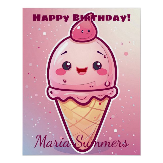 Póster Feliz Cumpleaños Cherry Helado Kawaii Cartoon  (Anverso)