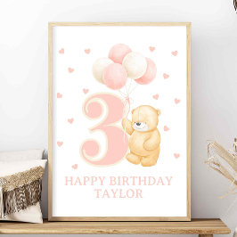 Póster Feliz cumpleaños Chica de 3 años personalizado de 
