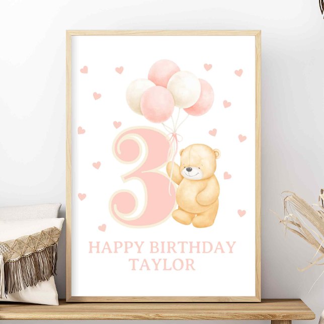 Póster Feliz cumpleaños Chica de 3 años personalizado de  (Birthday sign for 3 year old, Pink Balloons and bear for 3rd birthday, Girly personalized birthday)