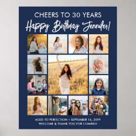 Póster Feliz cumpleaños Collage de fotos, azul y blanco