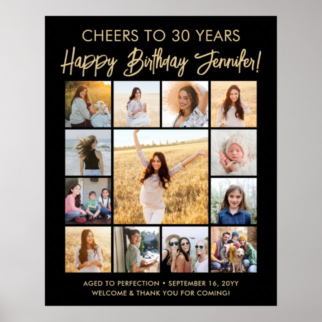 Póster Feliz cumpleaños Collage de fotos moderno negro y  (Frente)