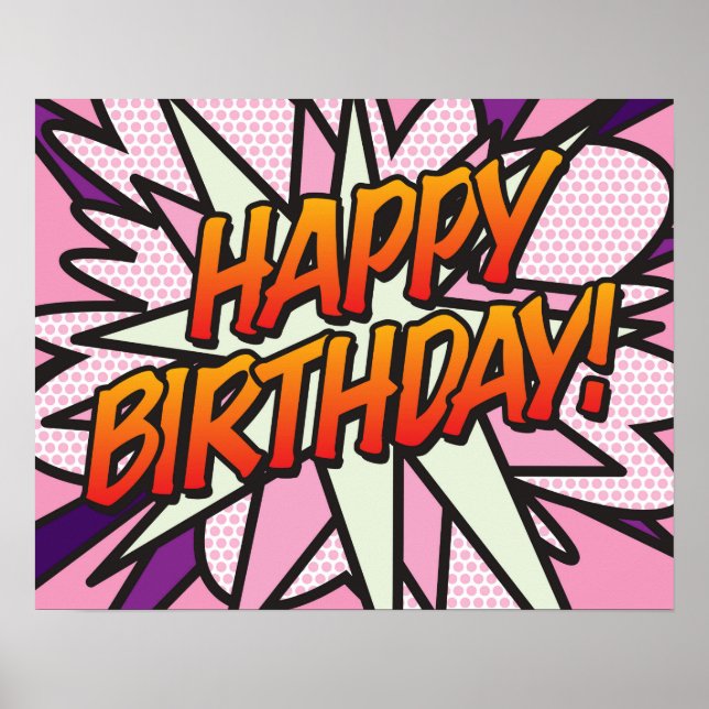 Póster FELIZ CUMPLEAÑOS Comic Book Pop Art rosa (Frente)
