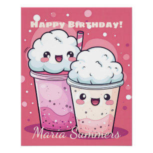Póster Feliz cumpleaños Crema de nieve helado Kawaii Cute