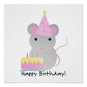 Póster Feliz Cumpleaños Cute Parrty Mouse