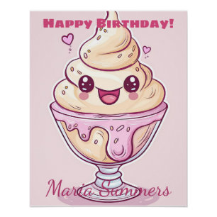 Póster Feliz Cumpleaños Dondurma Helado Kawaii Cartoon