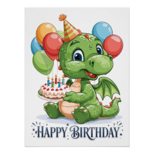 Póster "Feliz Cumpleaños" Dragón Verde de Dibujos Animado