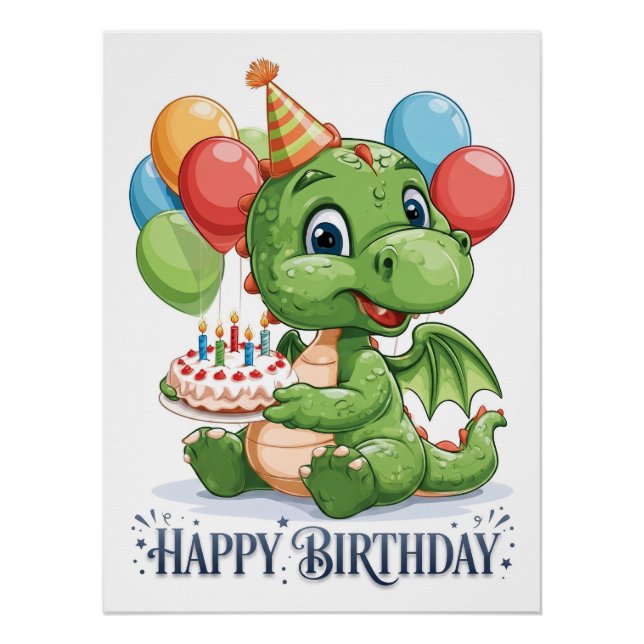Póster "Feliz Cumpleaños" Dragón Verde de Dibujos Animado (Anverso)
