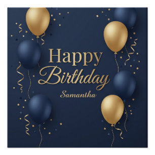 Póster Feliz Cumpleaños en Azul y Dorado Elegante con Glo