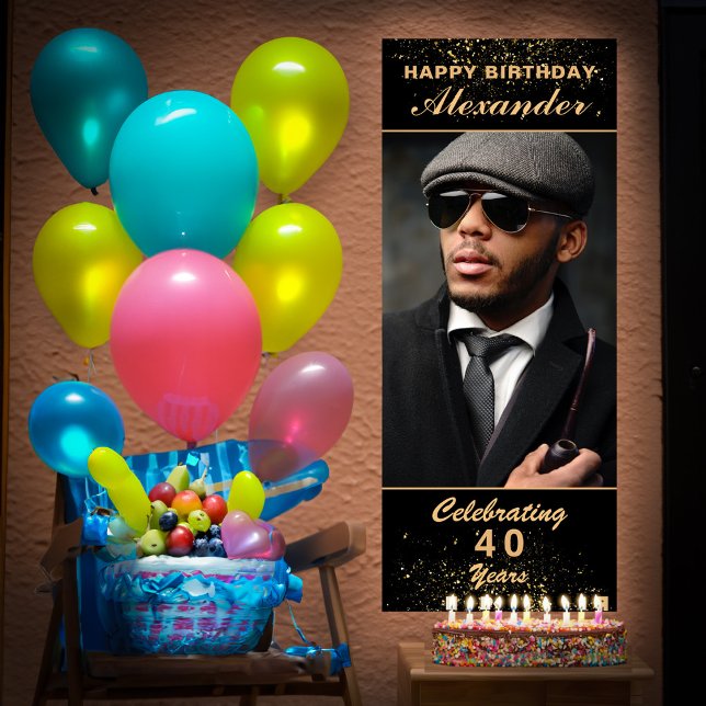 Póster Feliz cumpleaños, Fiesta de fotos, Personalizado n (Happy Birthday Photo Party Event Gold Black Custom Poster great for your party to great your guest. )
