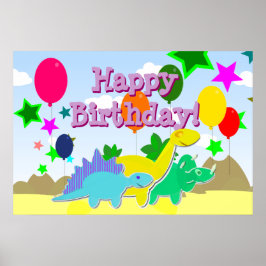 Póster Feliz cumpleaños Fiesta Globos Dinosaurios Poster