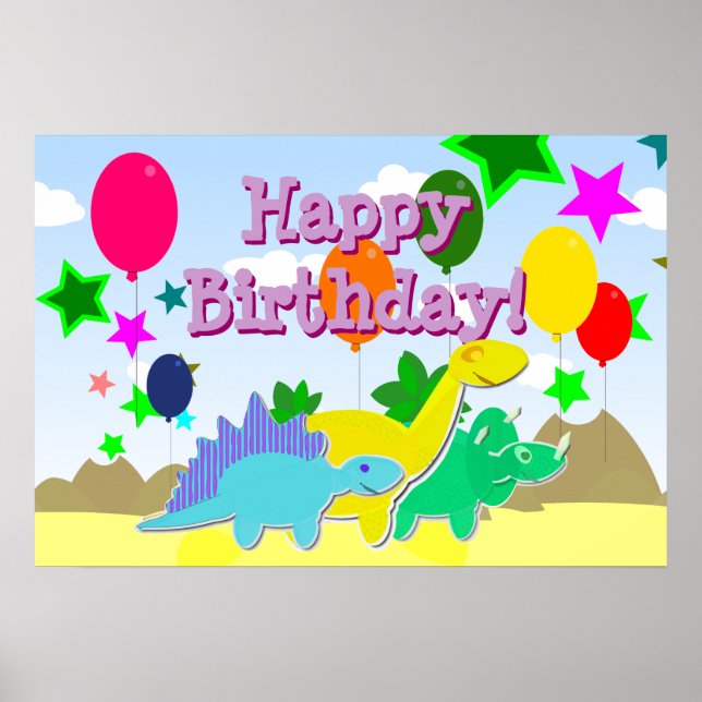 Póster Feliz cumpleaños Fiesta Globos Dinosaurios Poster (Frente)