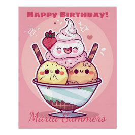 Póster Feliz cumpleaños Fiesta helado Kawaii Personalizad