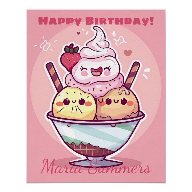 Póster Feliz cumpleaños Fiesta helado Kawaii Personalizad (Anverso)