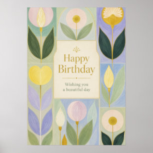 Póster Feliz Cumpleaños Flores Botánicas Modernas en Past