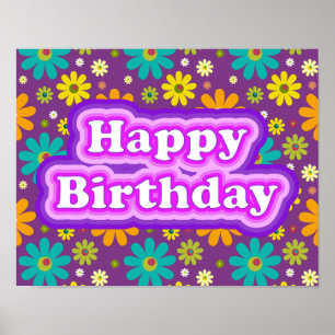 Póster Feliz Cumpleaños Flores Hippie
