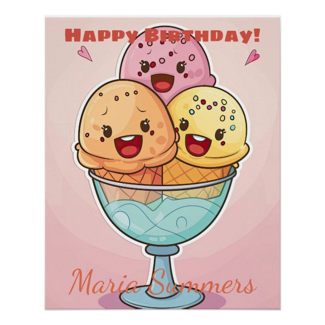 Póster Feliz cumpleaños Gelato helado Kawaii Personalizad (Anverso)