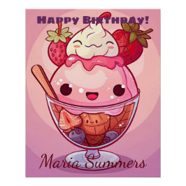 Póster Feliz Cumpleaños Helado de Fresa Kawaii