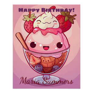 Póster Feliz Cumpleaños Helado de Fresa Kawaii