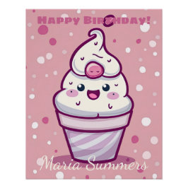 Póster Feliz Cumpleaños Helado de Gelato Kawaii Cartoon 