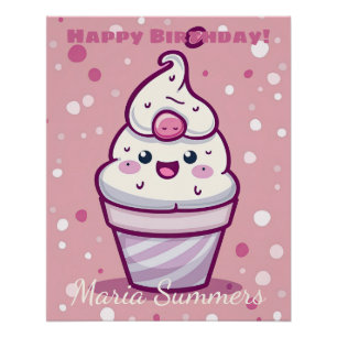 Póster Feliz Cumpleaños Helado de Gelato Kawaii Cartoon 