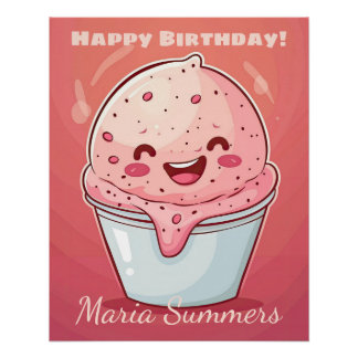 Póster Feliz Cumpleaños Helado de Sherbet Kawaii Dibujos 