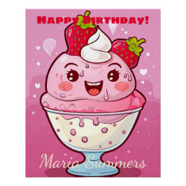 Póster Feliz Cumpleaños Helado De Sorbete Kawaii Caricatu