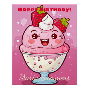 Póster Feliz Cumpleaños Helado De Sorbete Kawaii Caricatu