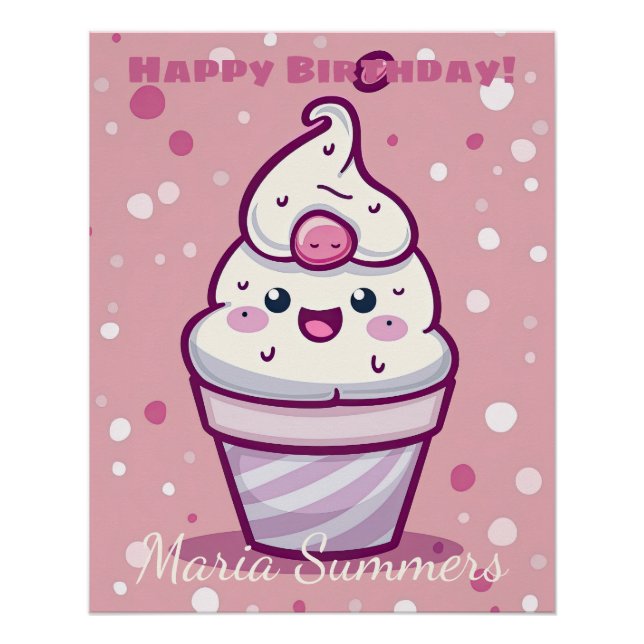 Póster Feliz Cumpleaños Helado Gelato Kawaii Caricatura (Anverso)