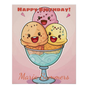 Póster Feliz Cumpleaños Helado Gelato Kawaii Cartoon 2