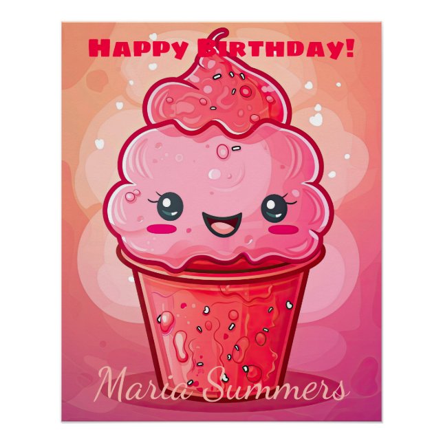 Póster Feliz Cumpleaños Helado Italiano Kawaii Dibujos An (Anverso)