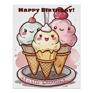 Póster Feliz Cumpleaños Helado Rolled Kawaii Cartoon