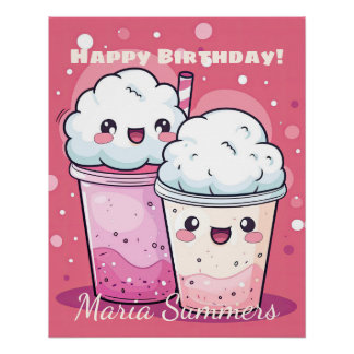 Póster Feliz Cumpleaños Nieve Crema Helado Kawaii Lindo