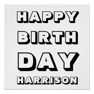 Póster Feliz cumpleaños nombre personalizado blanco negro