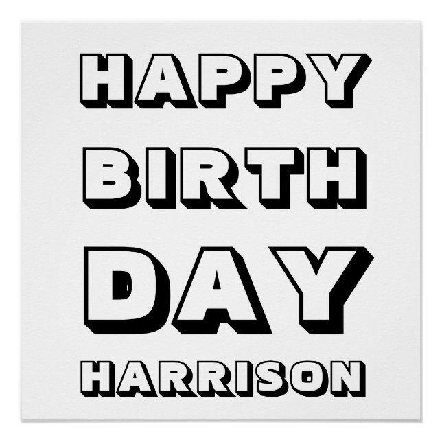Póster Feliz cumpleaños nombre personalizado blanco negro (Anverso)