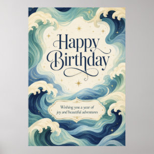 Póster Feliz Cumpleaños Olas del Océano Fluyente