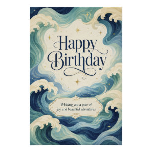 Póster Feliz Cumpleaños Olas del Océano Fluyente