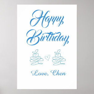 Póster feliz cumpleaños pastel azul corazón nombre amor