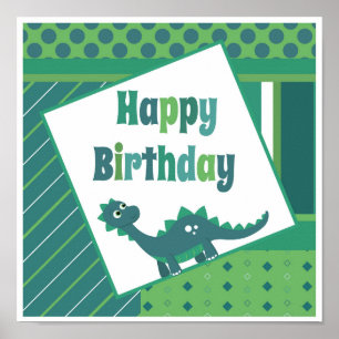 Póster Feliz cumpleaños poster de dinosaurios verdes/ azu
