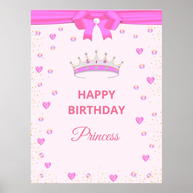 Póster Feliz Cumpleaños Princesa Elegante  & Gemas en Ros (Frente)