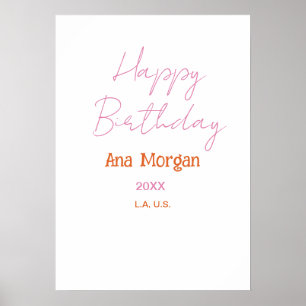 PÓSTER FELIZ CUMPLEAÑOS ROSA NARANJA NOMBRE SIMPLE AÑO LU