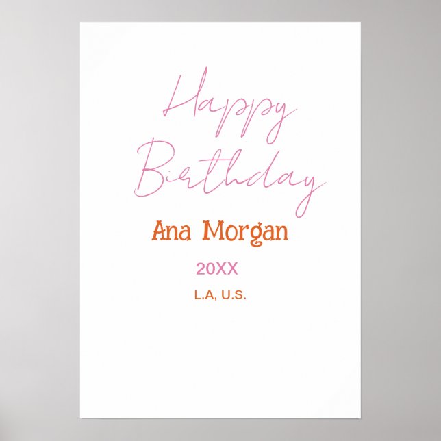 PÓSTER FELIZ CUMPLEAÑOS ROSA NARANJA NOMBRE SIMPLE AÑO LU (Frente)