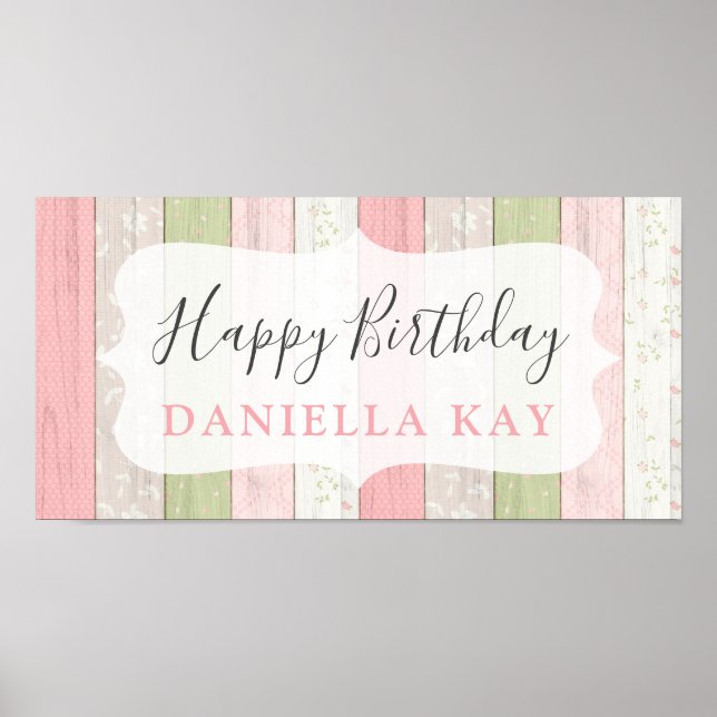 Póster Feliz cumpleaños Sage Rustic Green Pink Floral Mad (Frente)