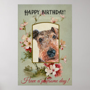 Póster Feliz cumpleaños saludos a Airedale terrier