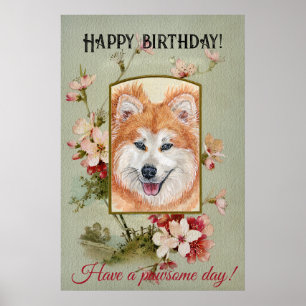 Póster Feliz cumpleaños saludos Akita pelo largo