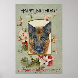 Póster Feliz cumpleaños saludos pastor alemán