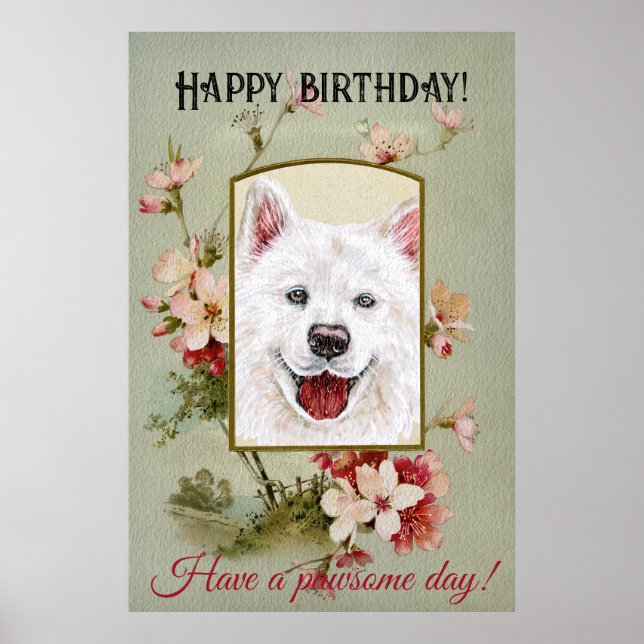 Póster Feliz cumpleaños, saludos Samoyed (Frente)