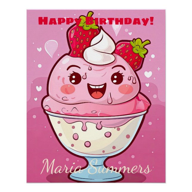 Póster Feliz cumpleaños Sorbet helado Kawaii Personalizad (Anverso)